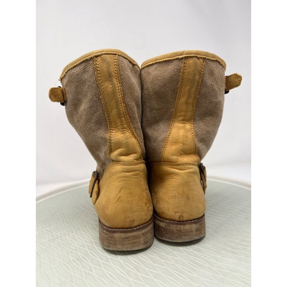 Anthro Lockeed Round Toe Buckle Boots Womens 39 Tan Leather Block Heel Boho Moto - Picture 3 of 9